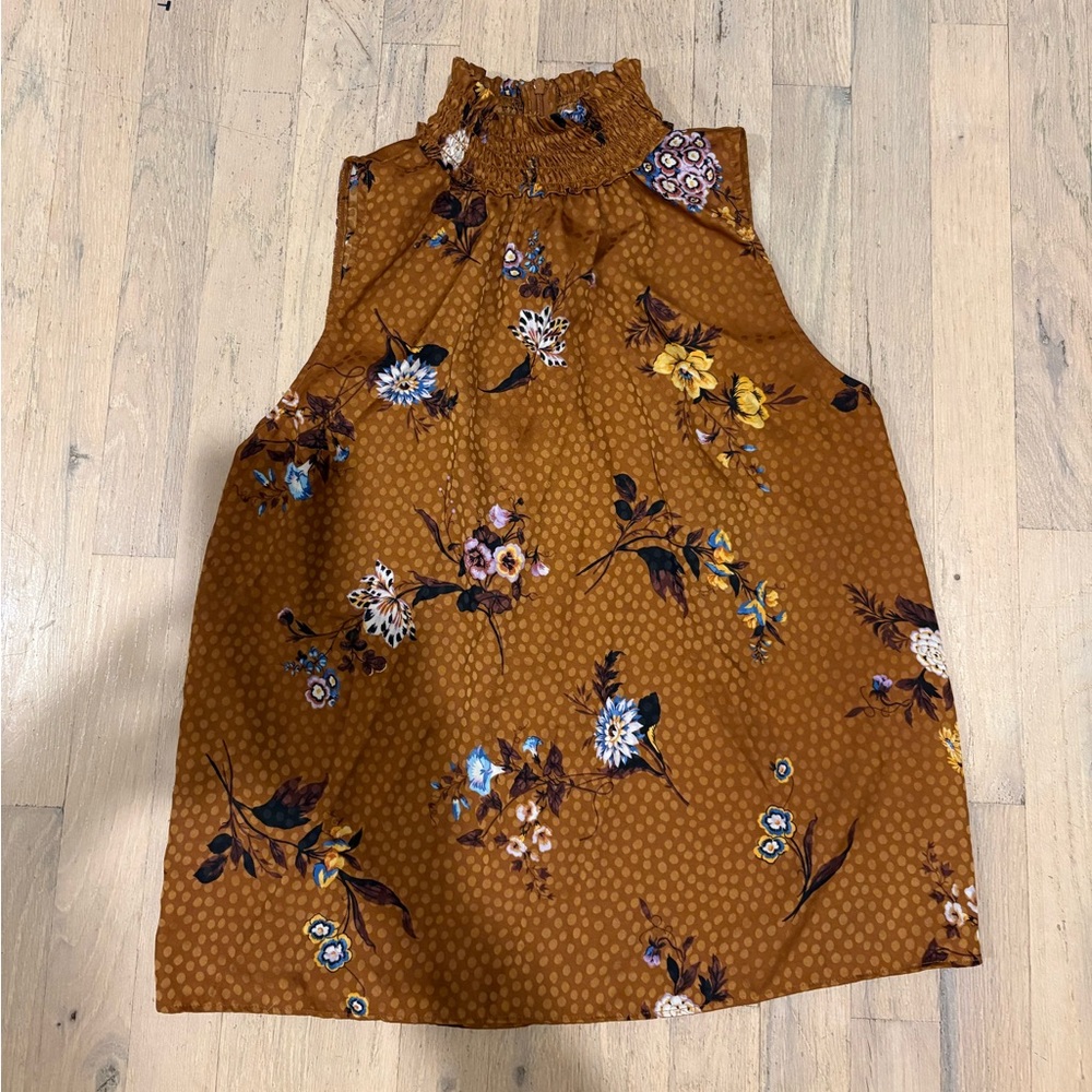 Ann Taylor Floral Smocked Neck Blouse in Brown